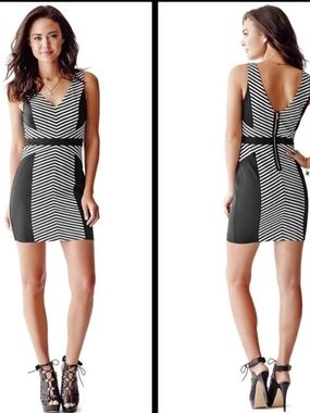 Guess black and white chevron striped bodycon mini dress.